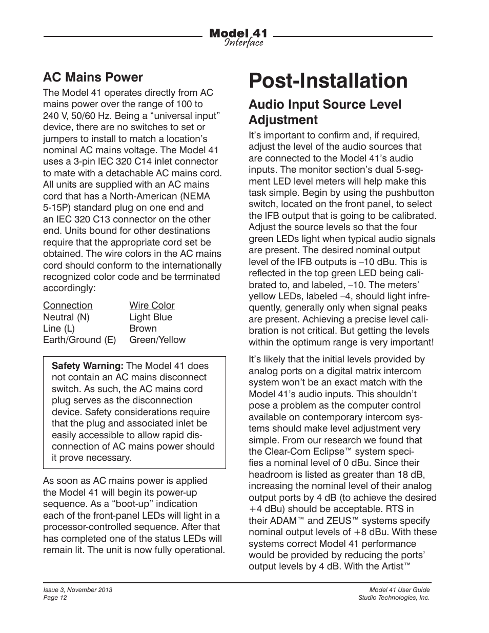 Post-installation, Ac mains power, Audio input source level adjustment | Studio Technologies 41 2013 User Manual | Page 12 / 25