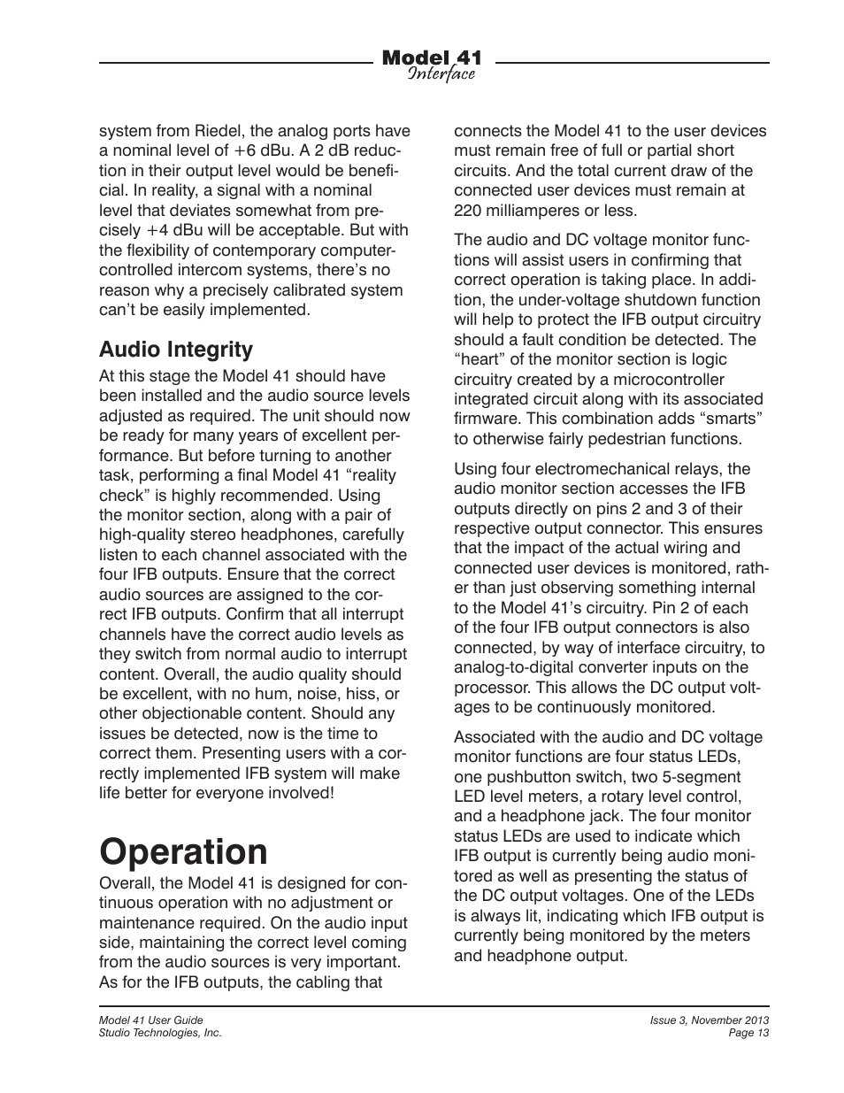 Operation, Audio integrity | Studio Technologies 41 2013 User Manual | Page 13 / 25