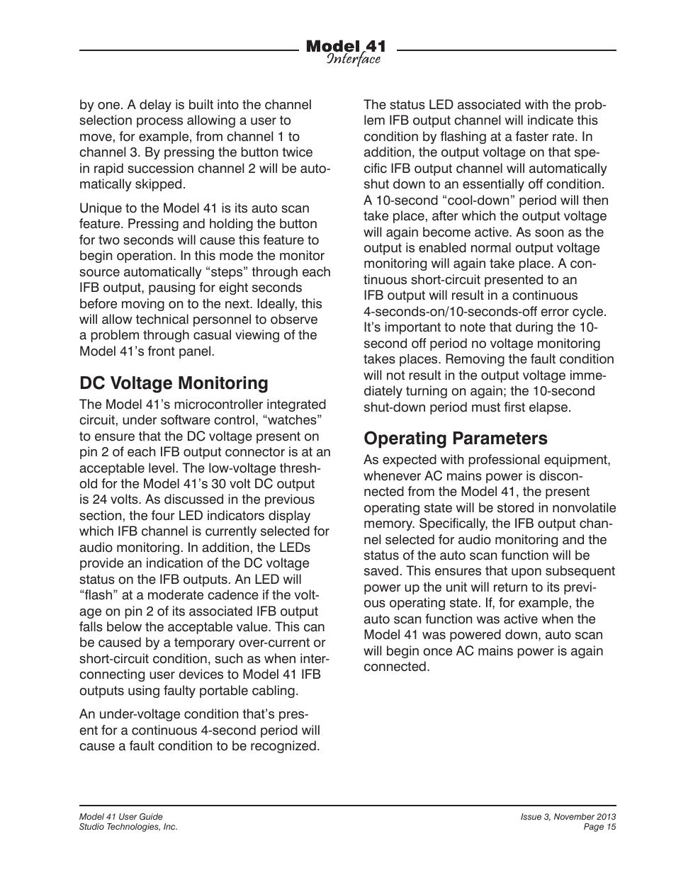 Dc voltage monitoring, Operating parameters | Studio Technologies 41 2013 User Manual | Page 15 / 25