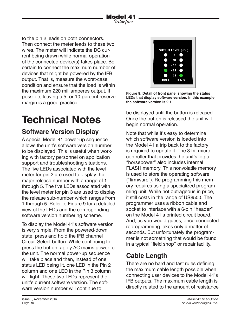 Technical notes, Software version display, Cable length | Studio Technologies 41 2013 User Manual | Page 18 / 25
