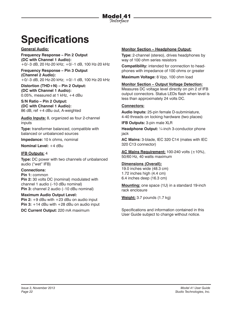 Specifications, Speciﬁcations | Studio Technologies 41 2013 User Manual | Page 22 / 25