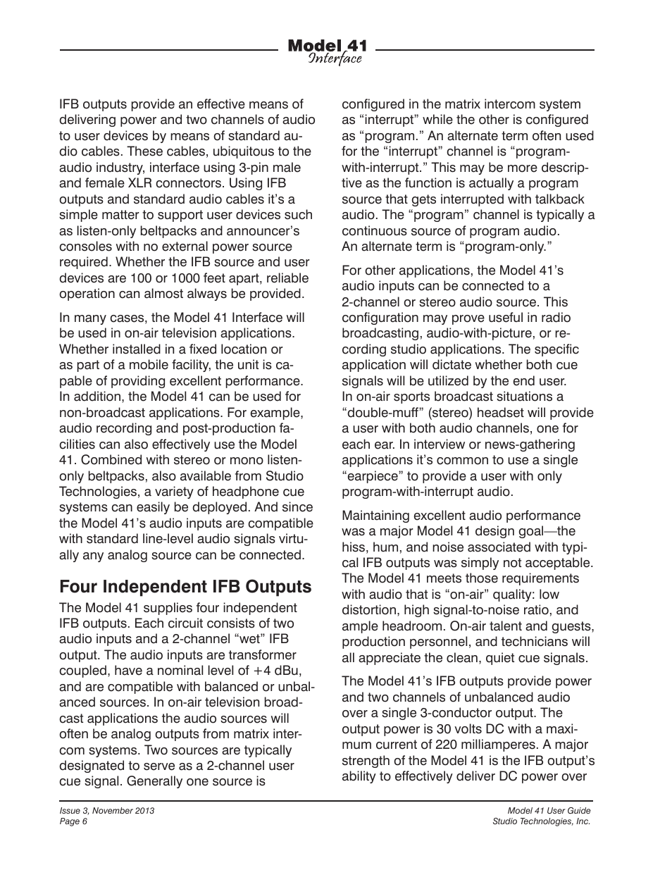 Four independent ifb outputs | Studio Technologies 41 2013 User Manual | Page 6 / 25