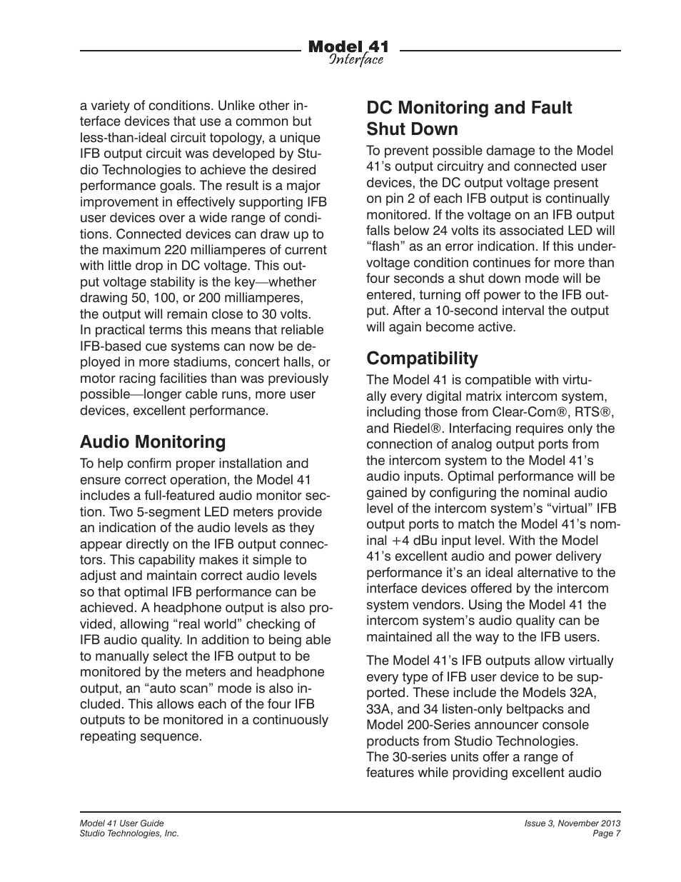 Audio monitoring, Dc monitoring and fault shut down, Compatibility | Studio Technologies 41 2013 User Manual | Page 7 / 25