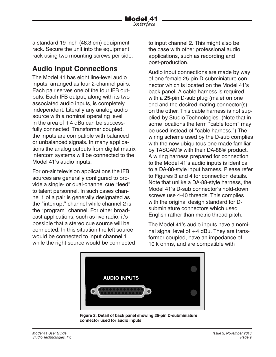 Audio input connections | Studio Technologies 41 2013 User Manual | Page 9 / 25