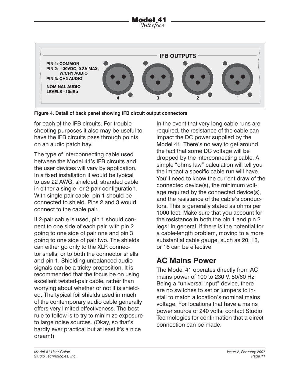 Ac mains power | Studio Technologies 41 2007 User Manual | Page 11 / 25