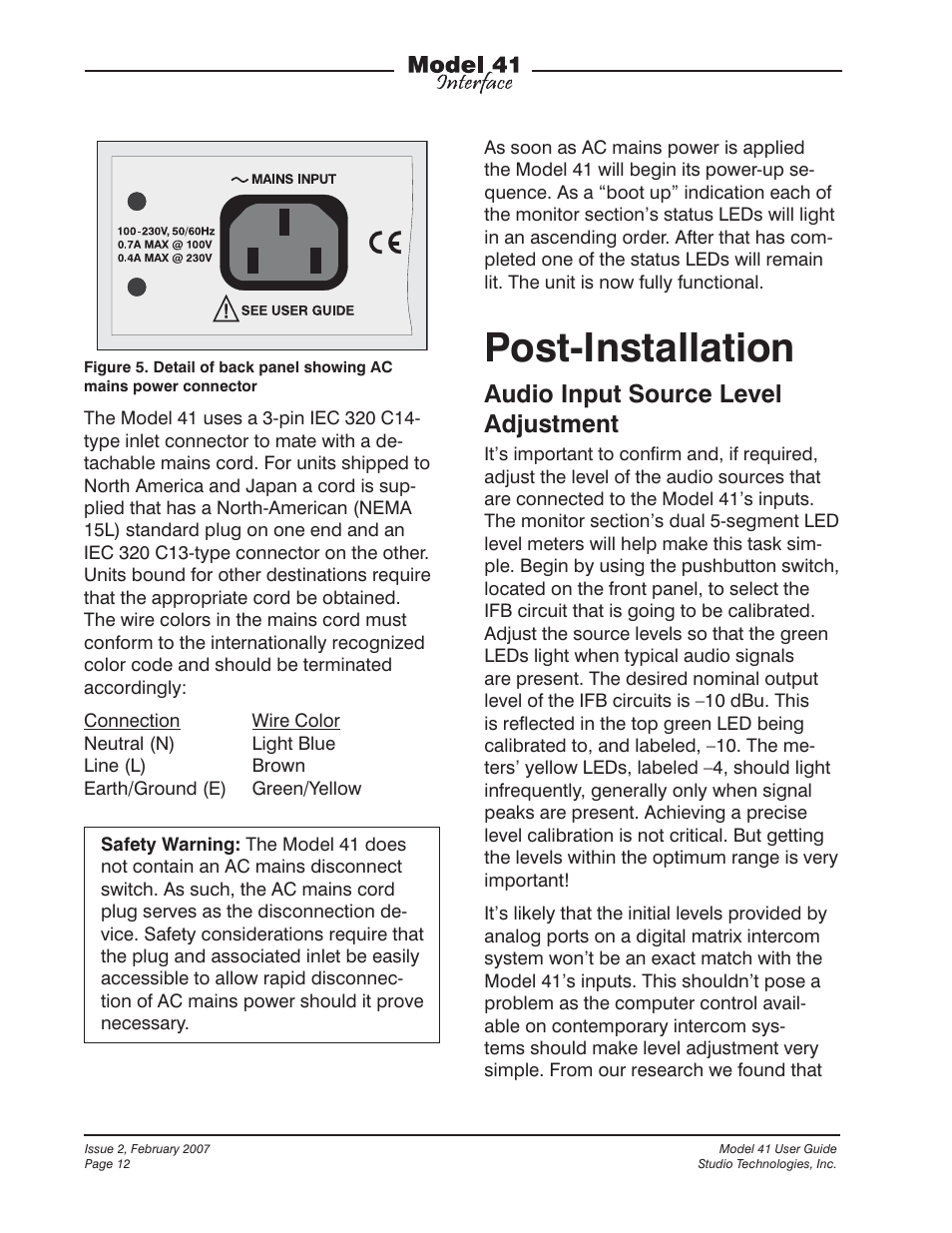 Post-installation, Audio input source level adjustment | Studio Technologies 41 2007 User Manual | Page 12 / 25