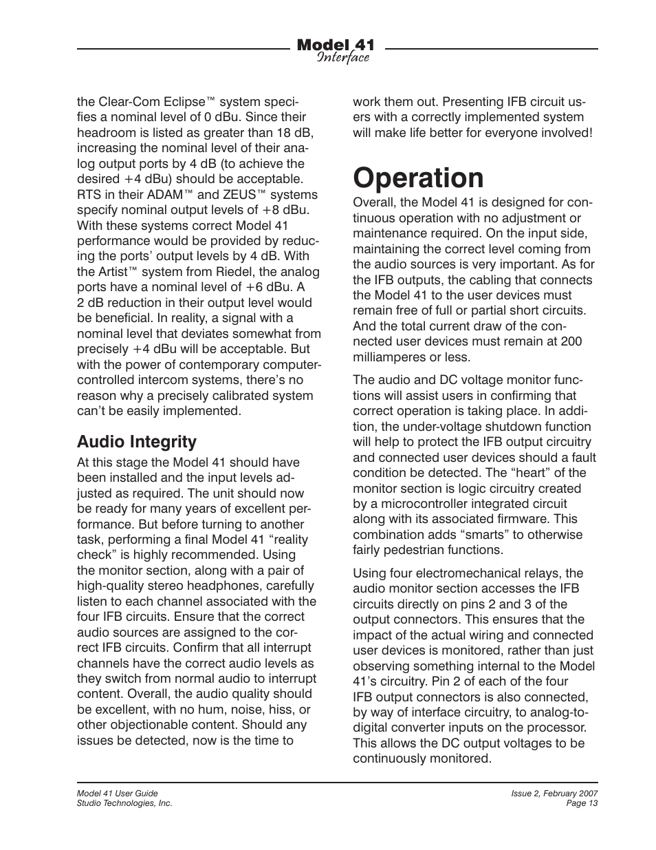Operation, Audio integrity | Studio Technologies 41 2007 User Manual | Page 13 / 25