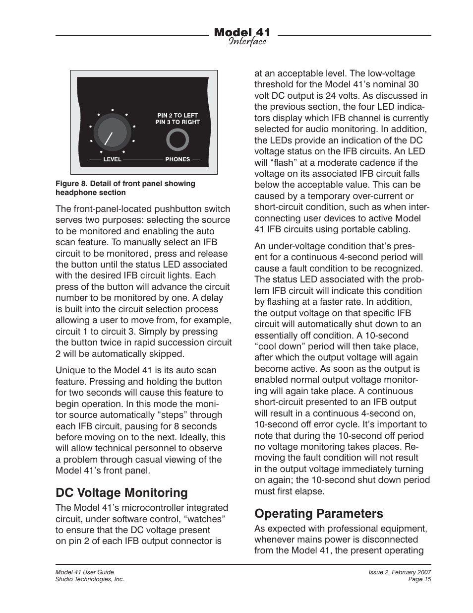 Dc voltage monitoring, Operating parameters | Studio Technologies 41 2007 User Manual | Page 15 / 25