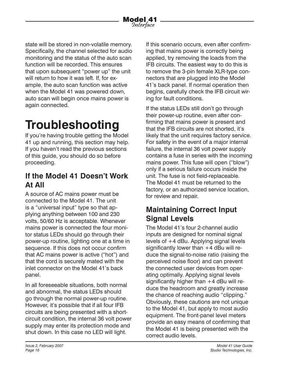 Troubleshooting, If the model 41 doesn’t work at all, Maintaining correct input signal levels | Studio Technologies 41 2007 User Manual | Page 16 / 25