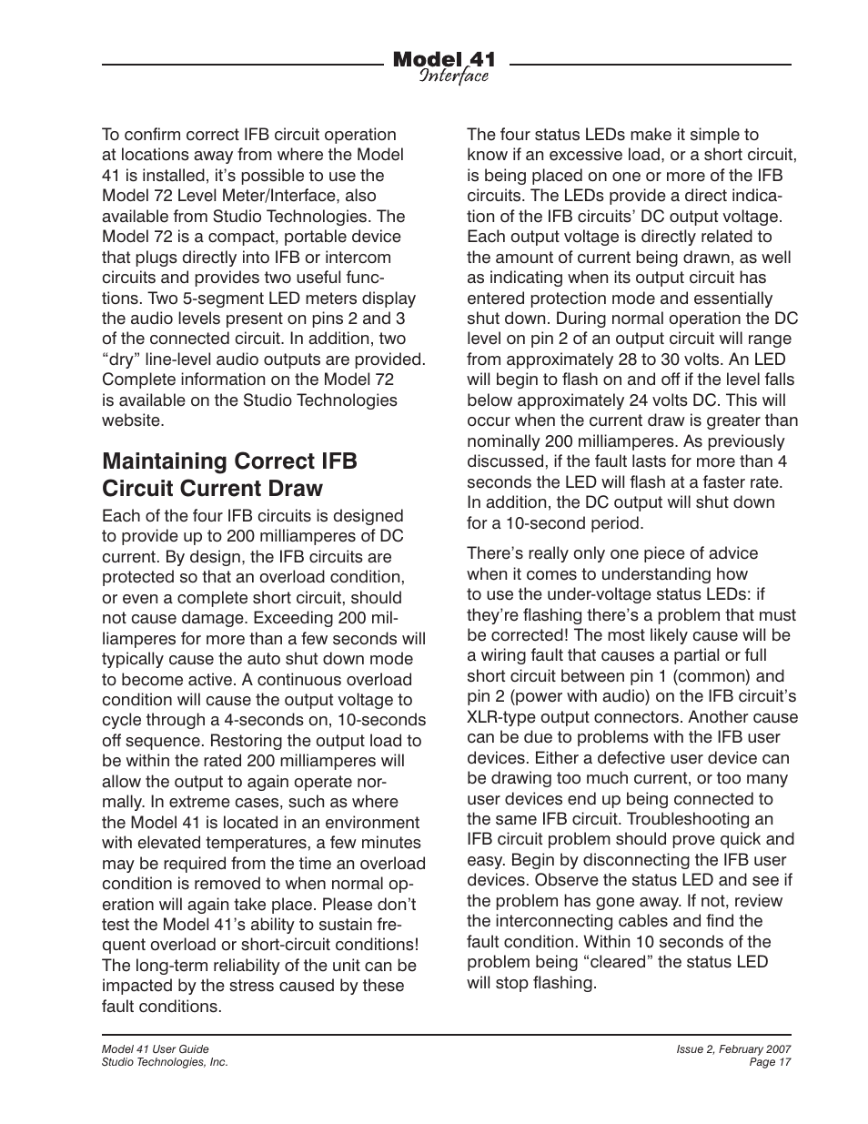 Maintaining correct ifb circuit current draw | Studio Technologies 41 2007 User Manual | Page 17 / 25