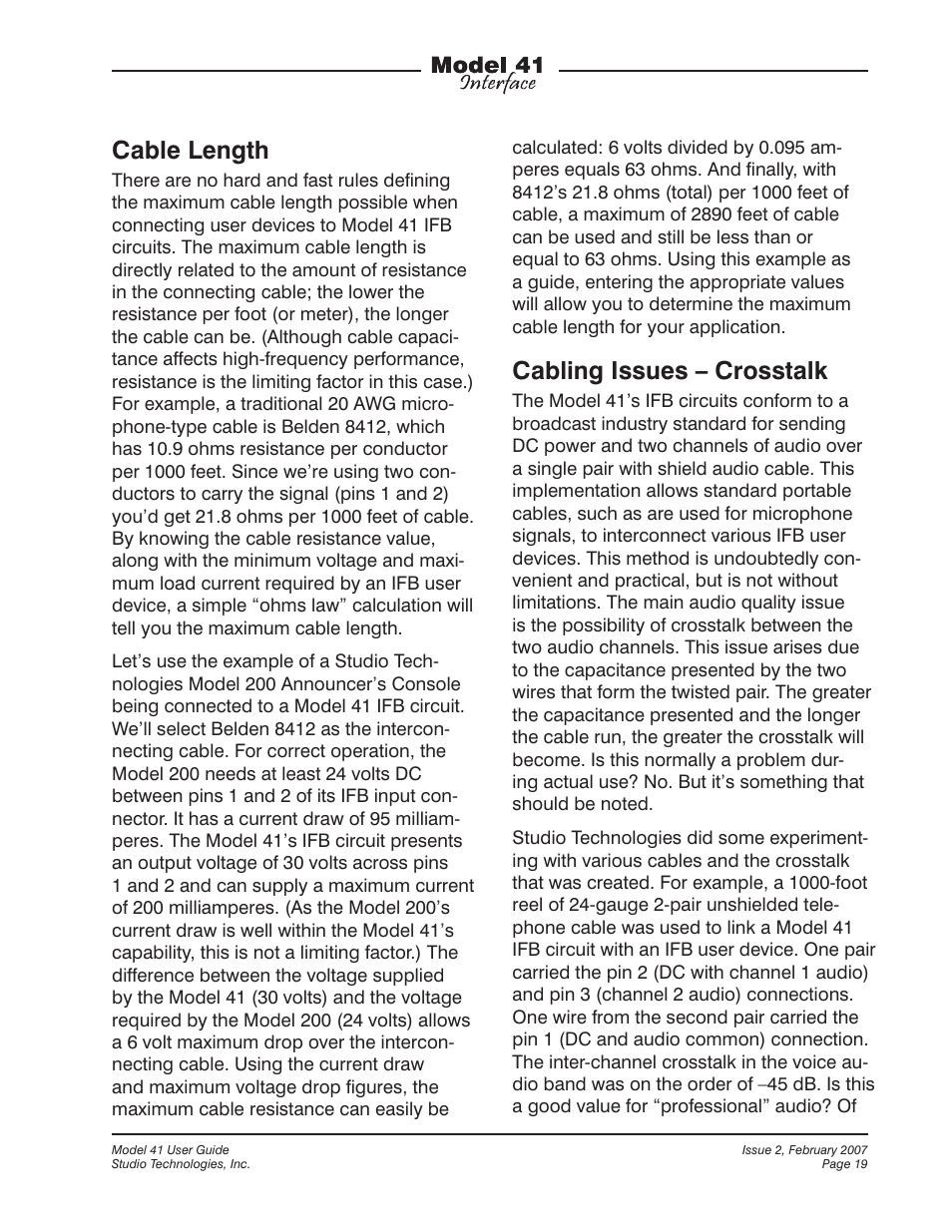 Cable length, Cabling issues – crosstalk | Studio Technologies 41 2007 User Manual | Page 19 / 25
