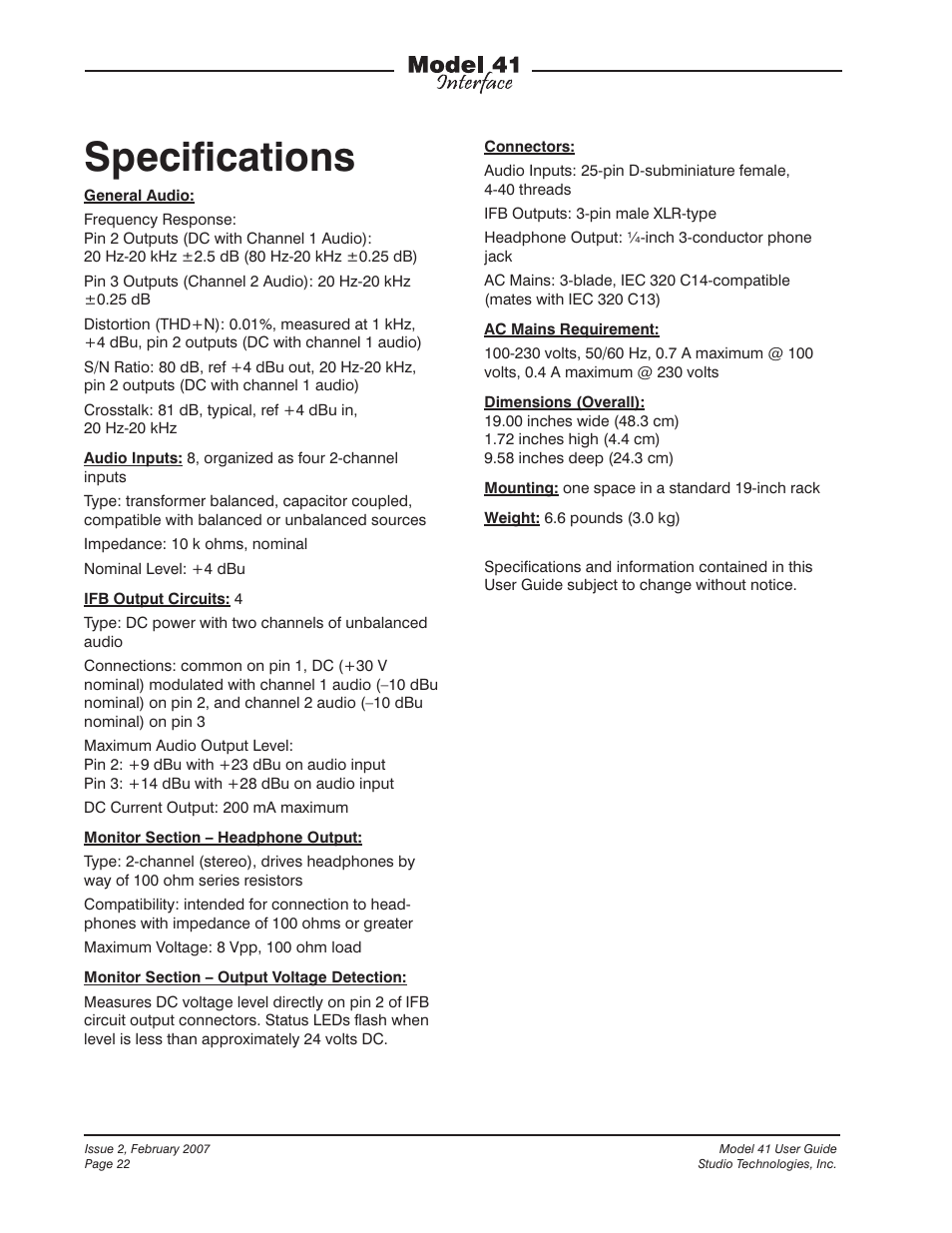 Specifications | Studio Technologies 41 2007 User Manual | Page 22 / 25