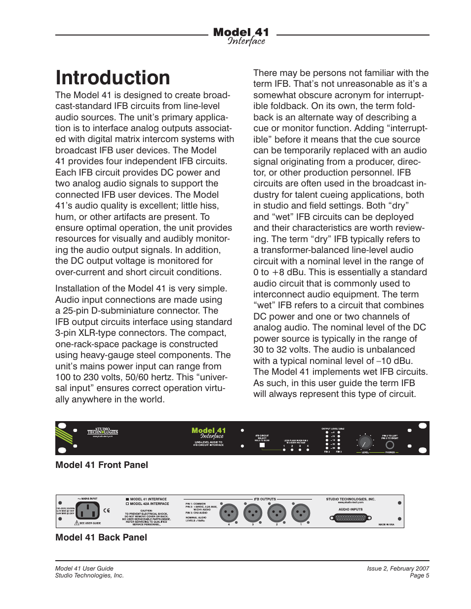 Introduction | Studio Technologies 41 2007 User Manual | Page 5 / 25