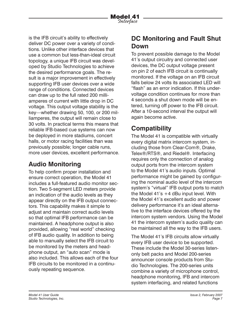 Audio monitoring, Dc monitoring and fault shut down, Compatibility | Studio Technologies 41 2007 User Manual | Page 7 / 25