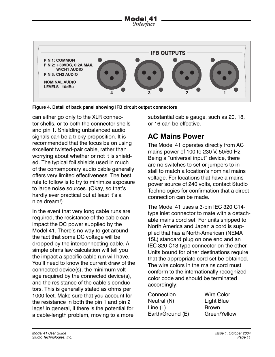 Ac mains power | Studio Technologies 41 2004 User Manual | Page 10 / 22