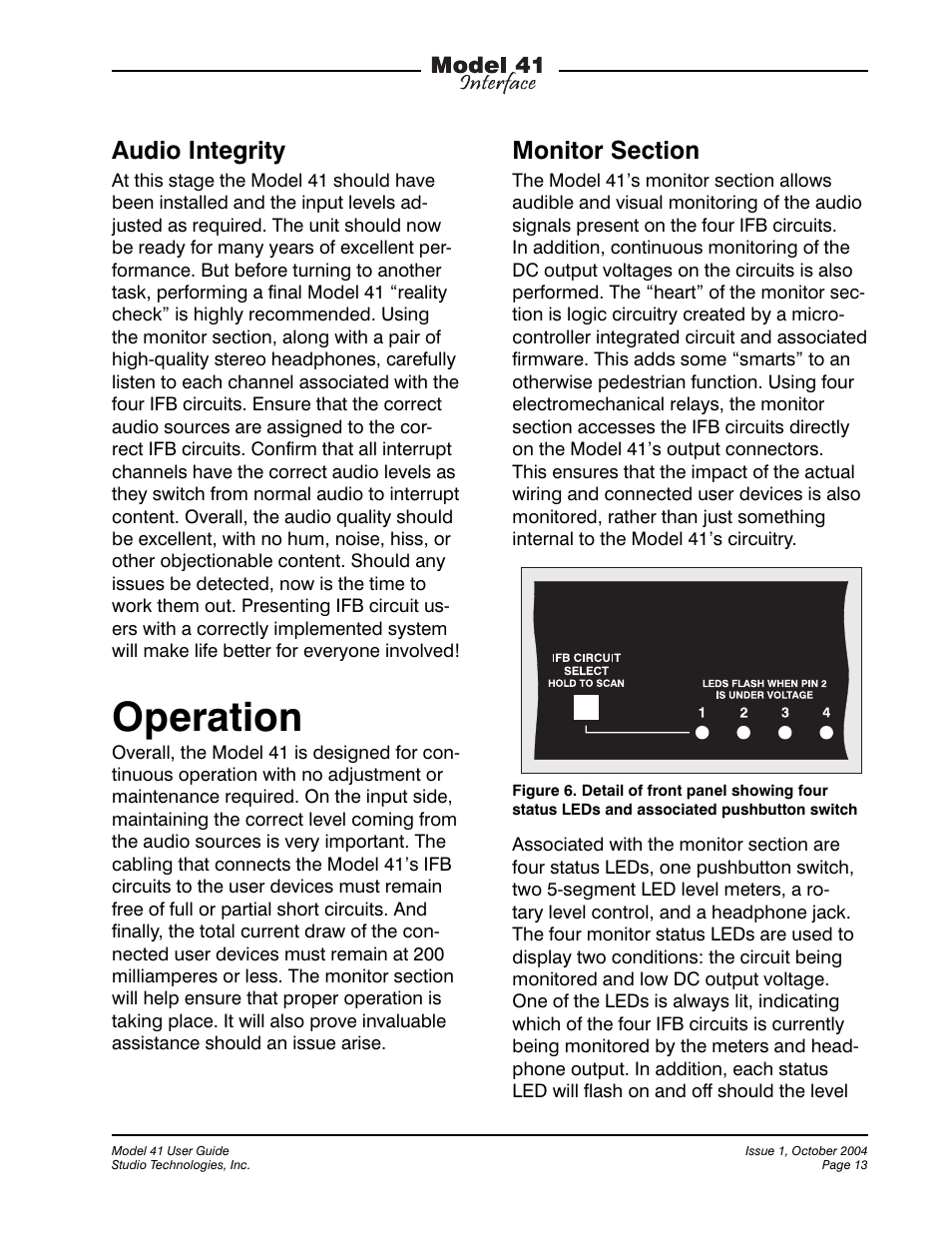 Operation, Audio integrity | Studio Technologies 41 2004 User Manual | Page 12 / 22