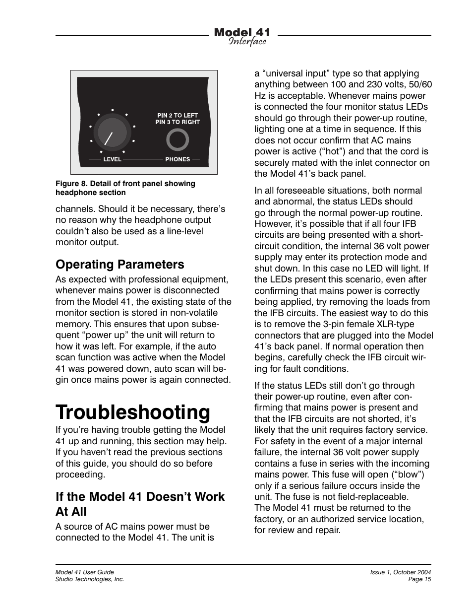 Troubleshooting, Operating parameters, If the model 41 doesn’t work at all | Studio Technologies 41 2004 User Manual | Page 14 / 22