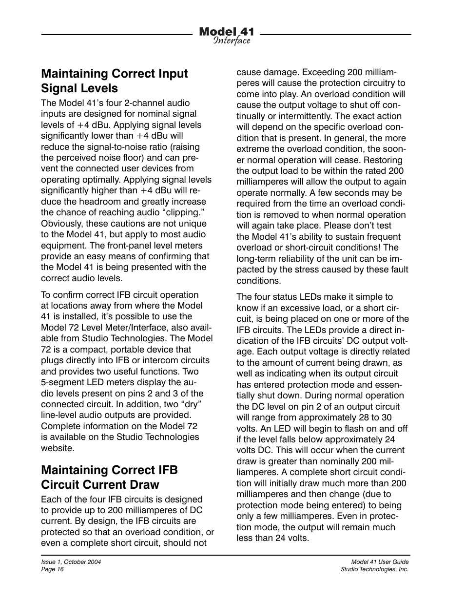 Maintaining correct input signal levels, Maintaining correct ifb circuit current draw | Studio Technologies 41 2004 User Manual | Page 15 / 22