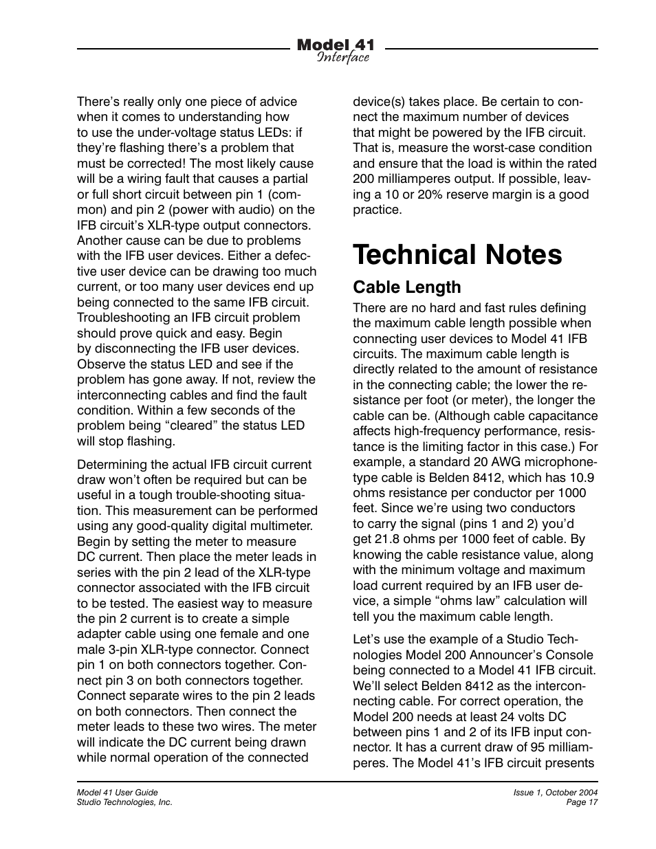 Cable length | Studio Technologies 41 2004 User Manual | Page 16 / 22