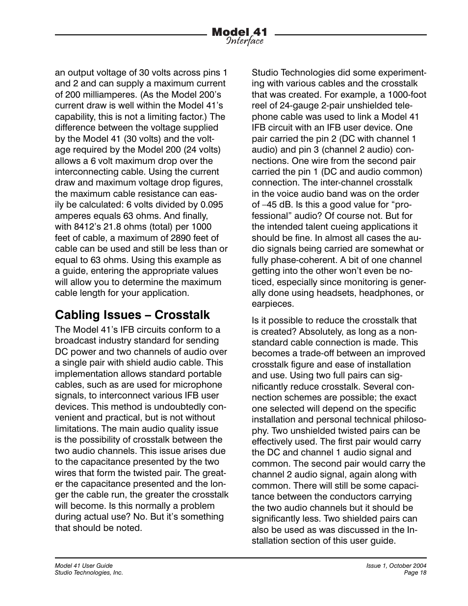 Cabling issues – crosstalk | Studio Technologies 41 2004 User Manual | Page 17 / 22