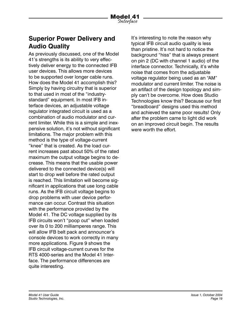 Superior power delivery and audio quality | Studio Technologies 41 2004 User Manual | Page 18 / 22