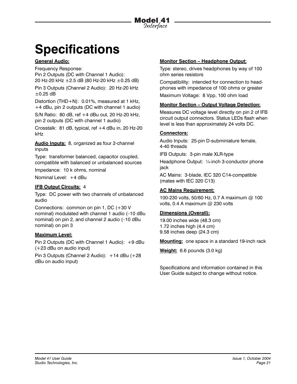 Specifications | Studio Technologies 41 2004 User Manual | Page 20 / 22