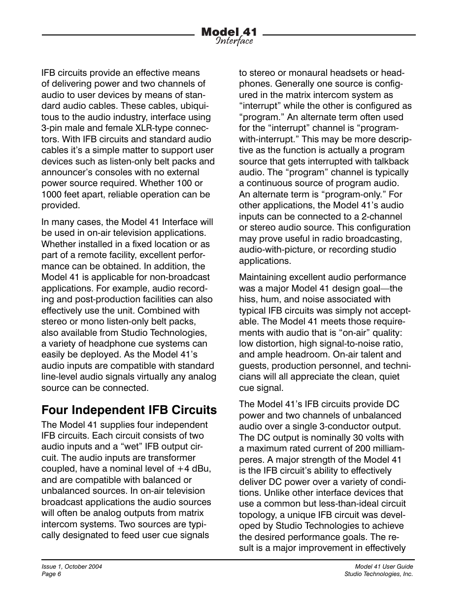 Four independent ifb circuits | Studio Technologies 41 2004 User Manual | Page 5 / 22