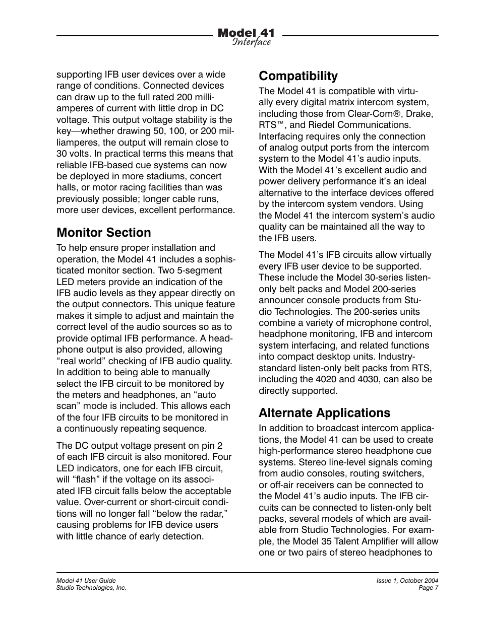 Compatibility, Alternate applications | Studio Technologies 41 2004 User Manual | Page 6 / 22