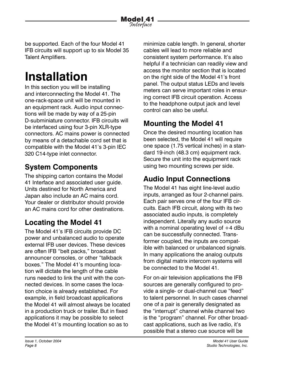 Installation, System components, Locating the model 41 | Mounting the model 41, Audio input connections | Studio Technologies 41 2004 User Manual | Page 7 / 22