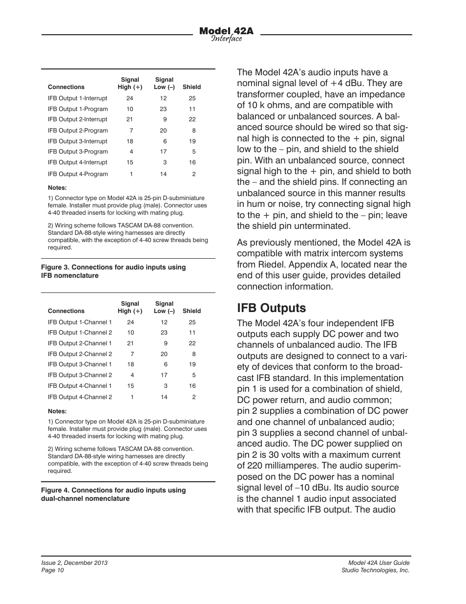 Ifb outputs | Studio Technologies 42A 2013 User Manual | Page 10 / 25