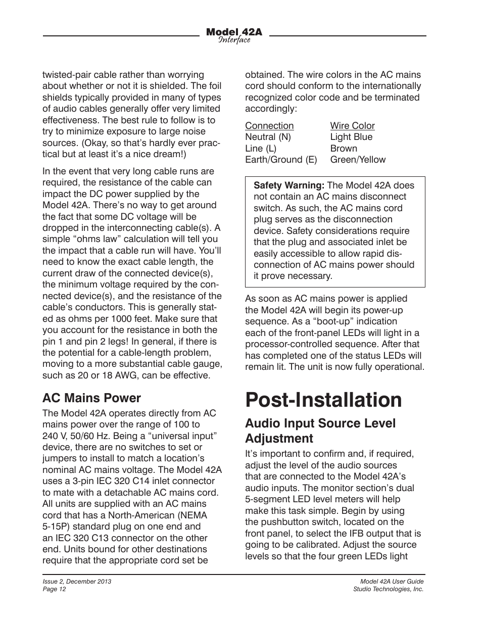 Post-installation, Ac mains power, Audio input source level adjustment | Studio Technologies 42A 2013 User Manual | Page 12 / 25