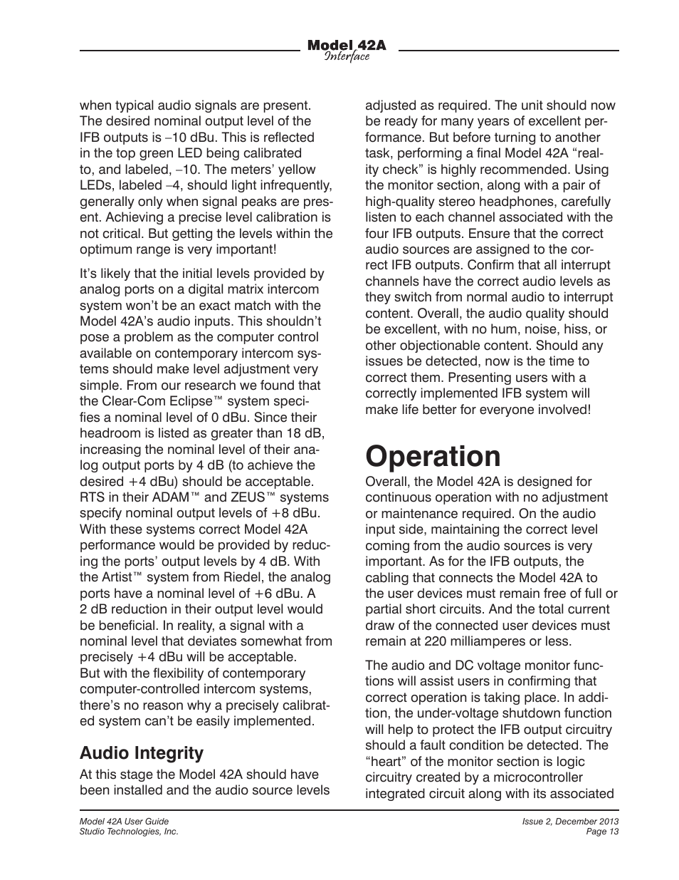 Operation, Audio integrity | Studio Technologies 42A 2013 User Manual | Page 13 / 25