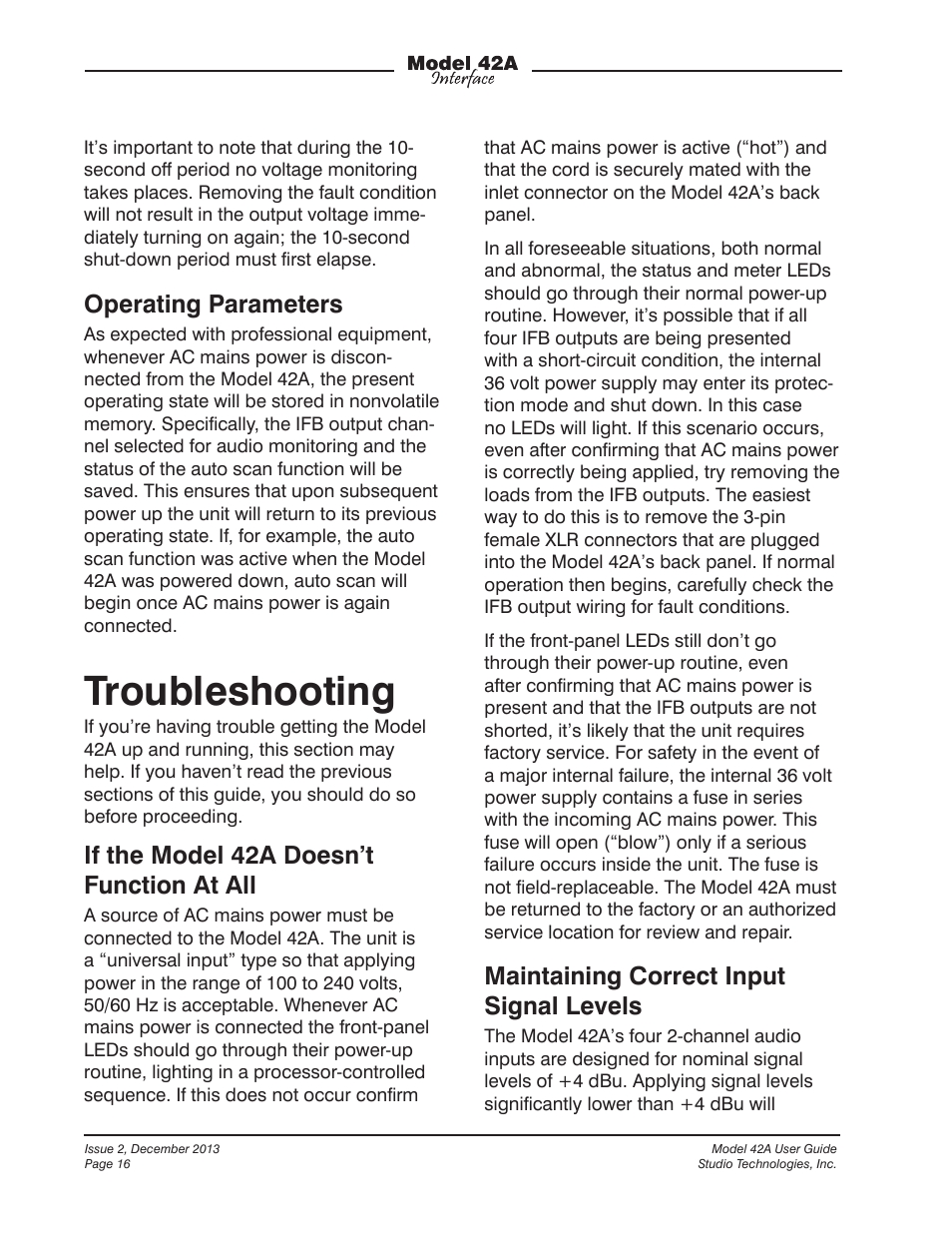 Troubleshooting, Operating parameters, If the model 42a doesn’t function at all | Maintaining correct input signal levels | Studio Technologies 42A 2013 User Manual | Page 16 / 25