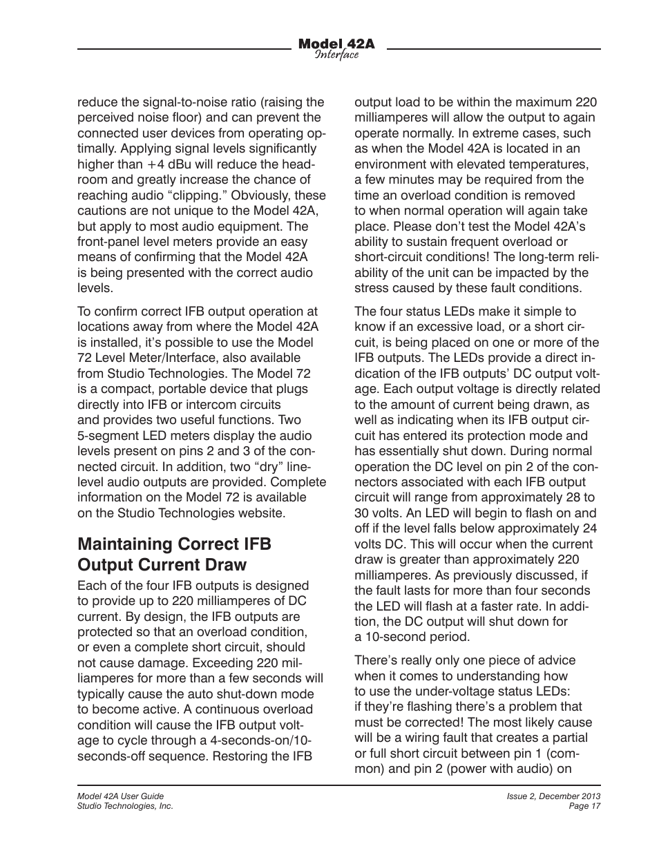 Maintaining correct ifb output current draw | Studio Technologies 42A 2013 User Manual | Page 17 / 25