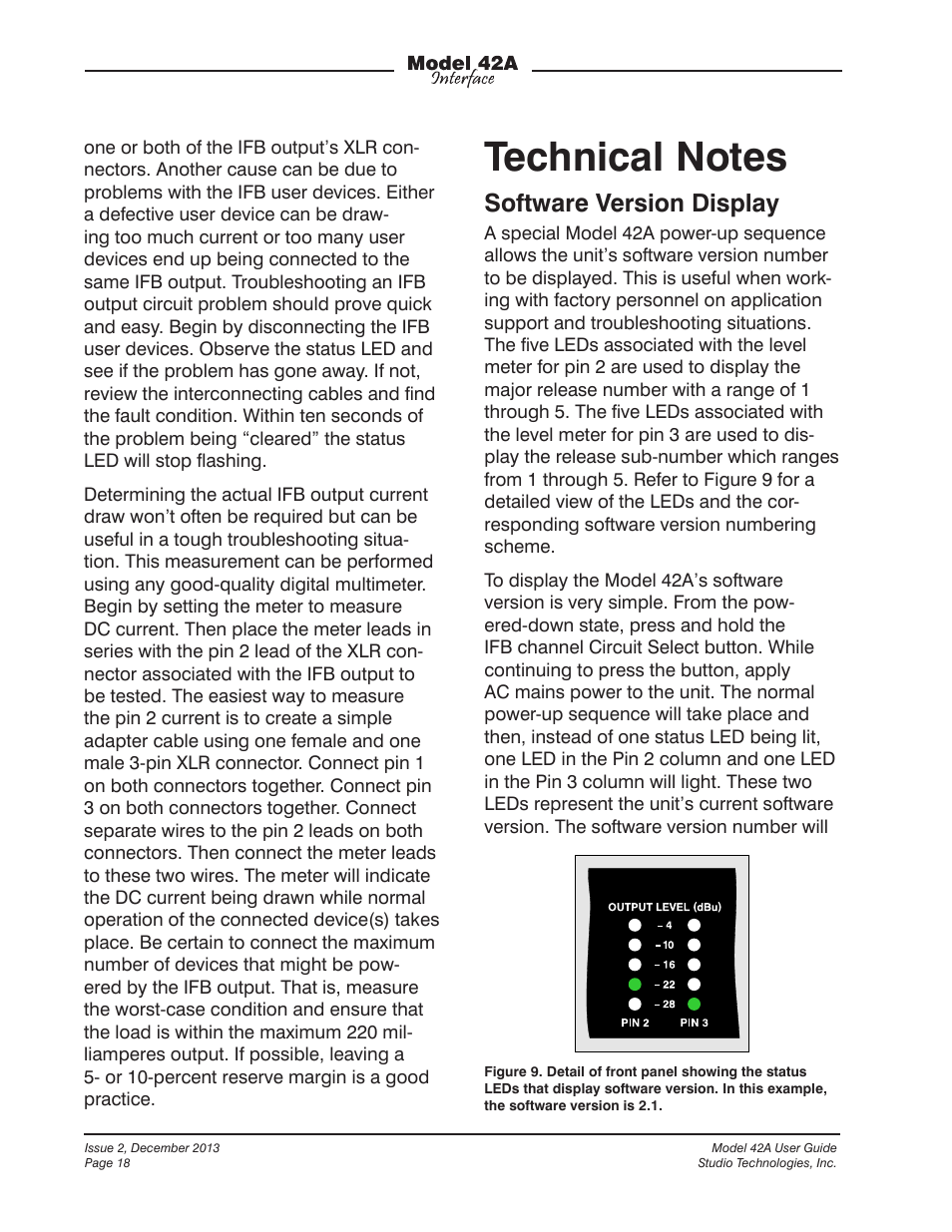 Technical notes, Software version display | Studio Technologies 42A 2013 User Manual | Page 18 / 25