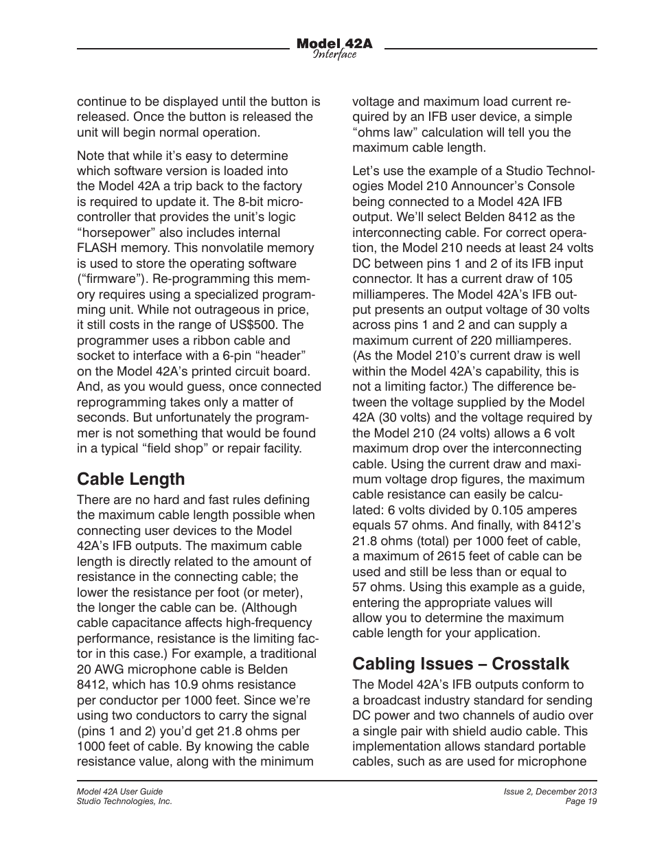 Cable length, Cabling issues – crosstalk | Studio Technologies 42A 2013 User Manual | Page 19 / 25