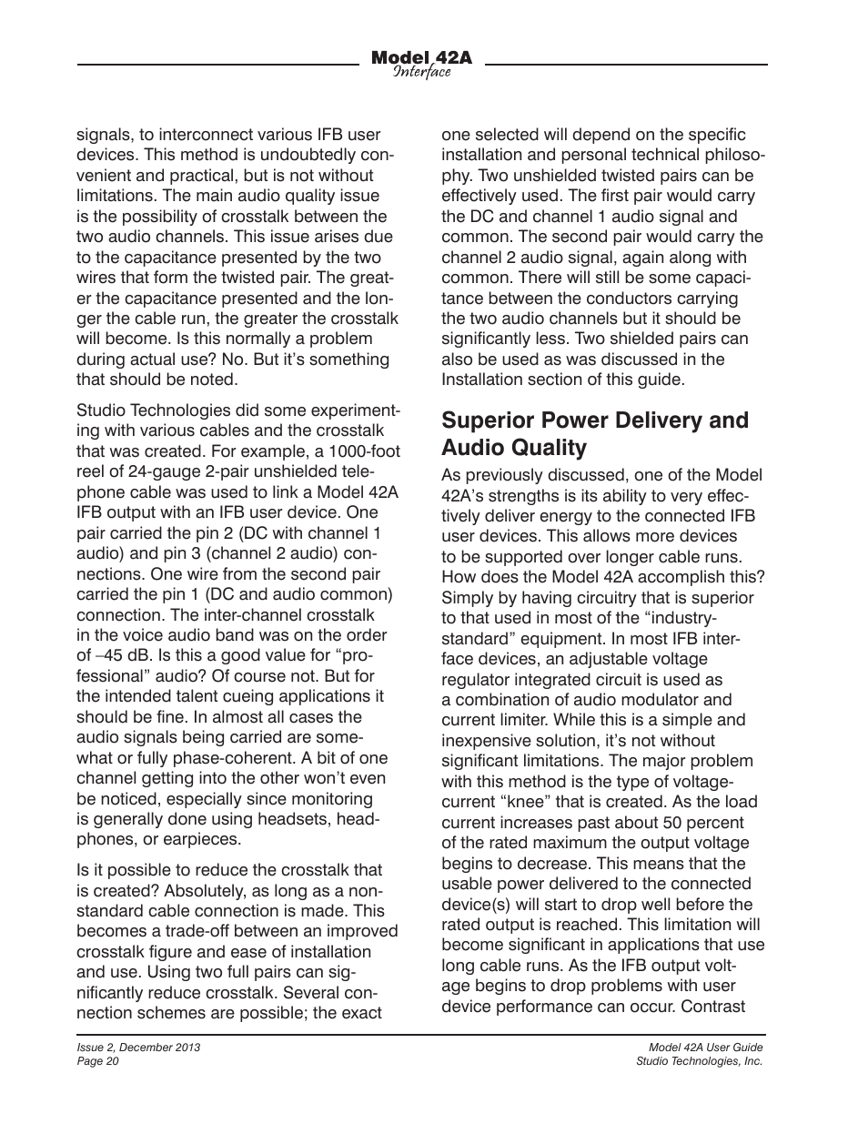 Superior power delivery and audio quality | Studio Technologies 42A 2013 User Manual | Page 20 / 25