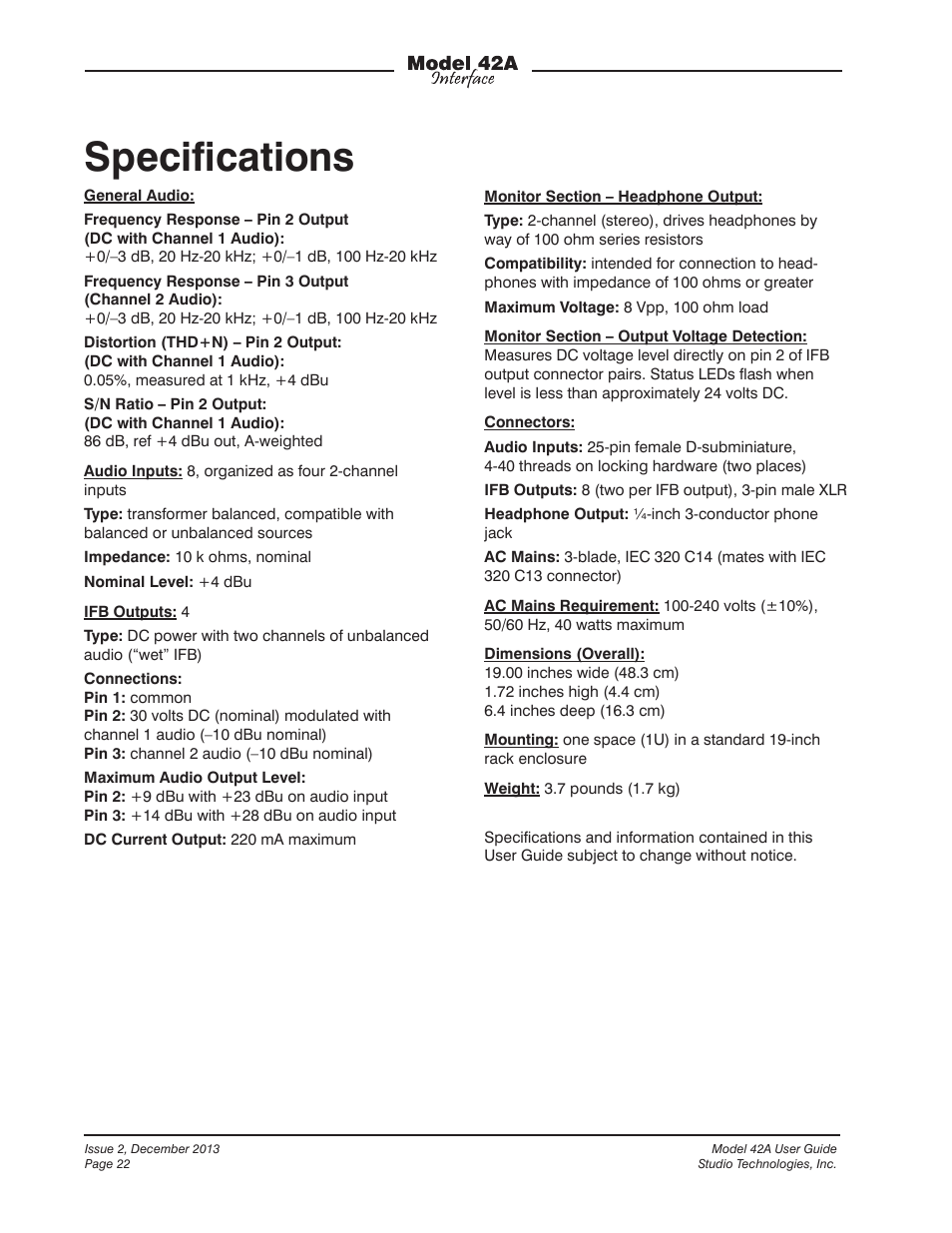 Specifications, Speciﬁcations | Studio Technologies 42A 2013 User Manual | Page 22 / 25