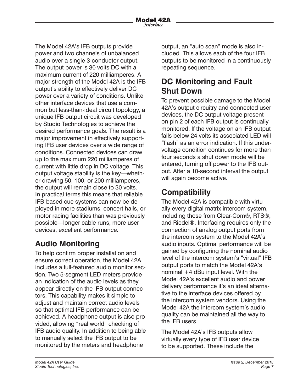 Audio monitoring, Dc monitoring and fault shut down, Compatibility | Studio Technologies 42A 2013 User Manual | Page 7 / 25