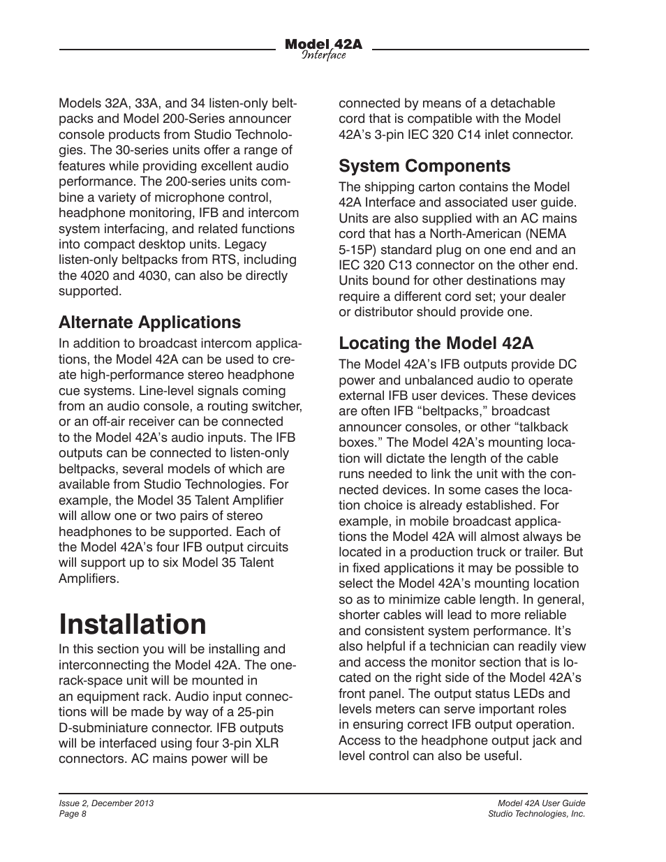 Installation, Alternate applications, System components | Locating the model 42a | Studio Technologies 42A 2013 User Manual | Page 8 / 25