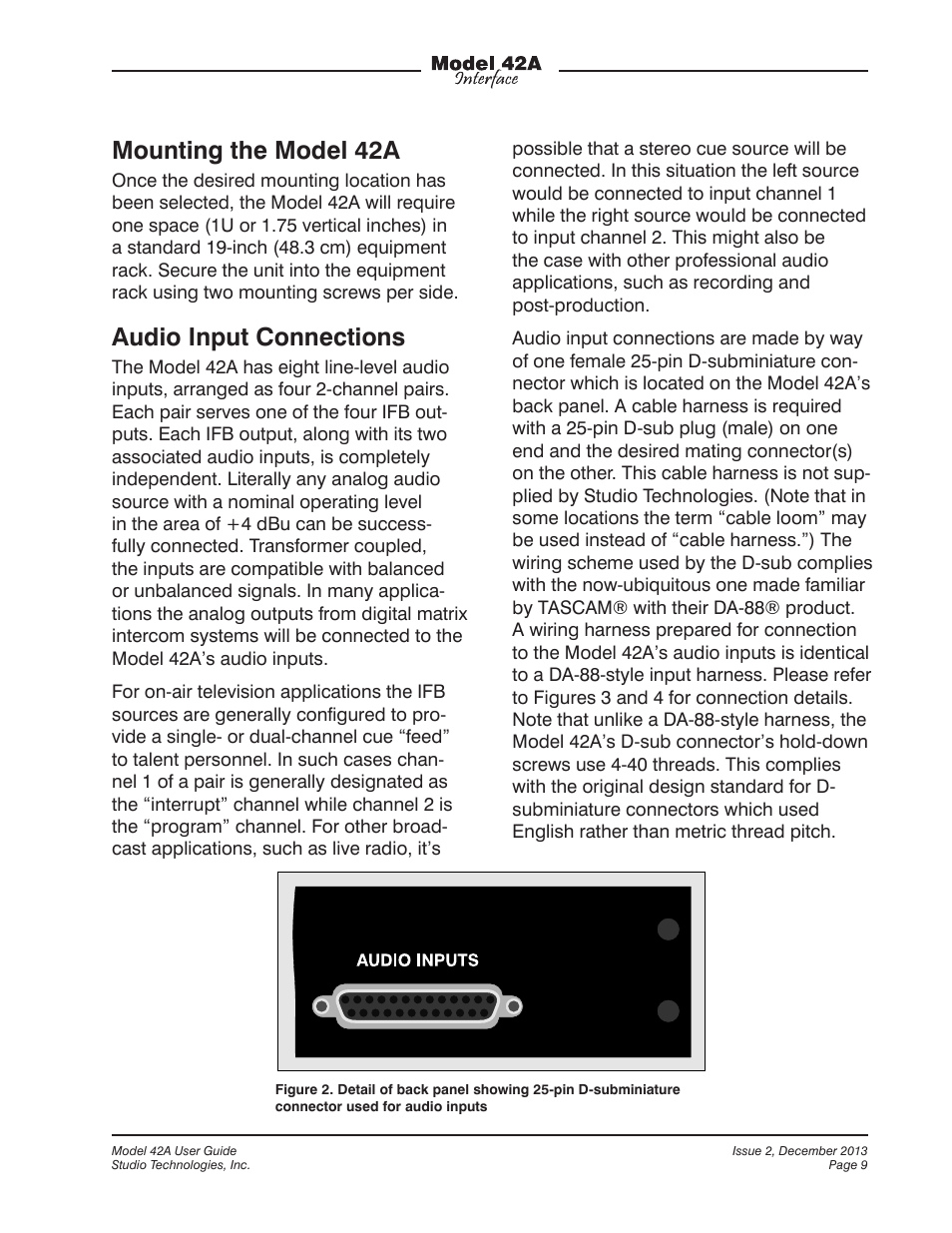 Mounting the model 42a, Audio input connections | Studio Technologies 42A 2013 User Manual | Page 9 / 25