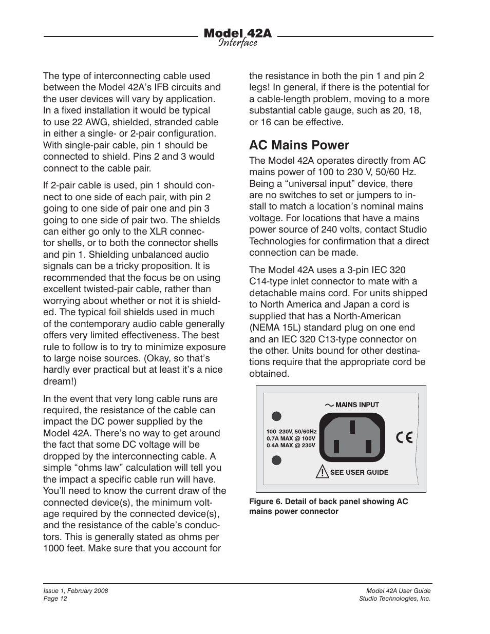 Ac mains power | Studio Technologies 42A 2008 User Manual | Page 12 / 25