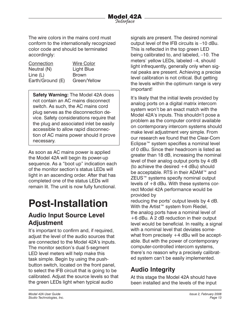 Post-installation, Audio input source level adjustment, Audio integrity | Studio Technologies 42A 2008 User Manual | Page 13 / 25