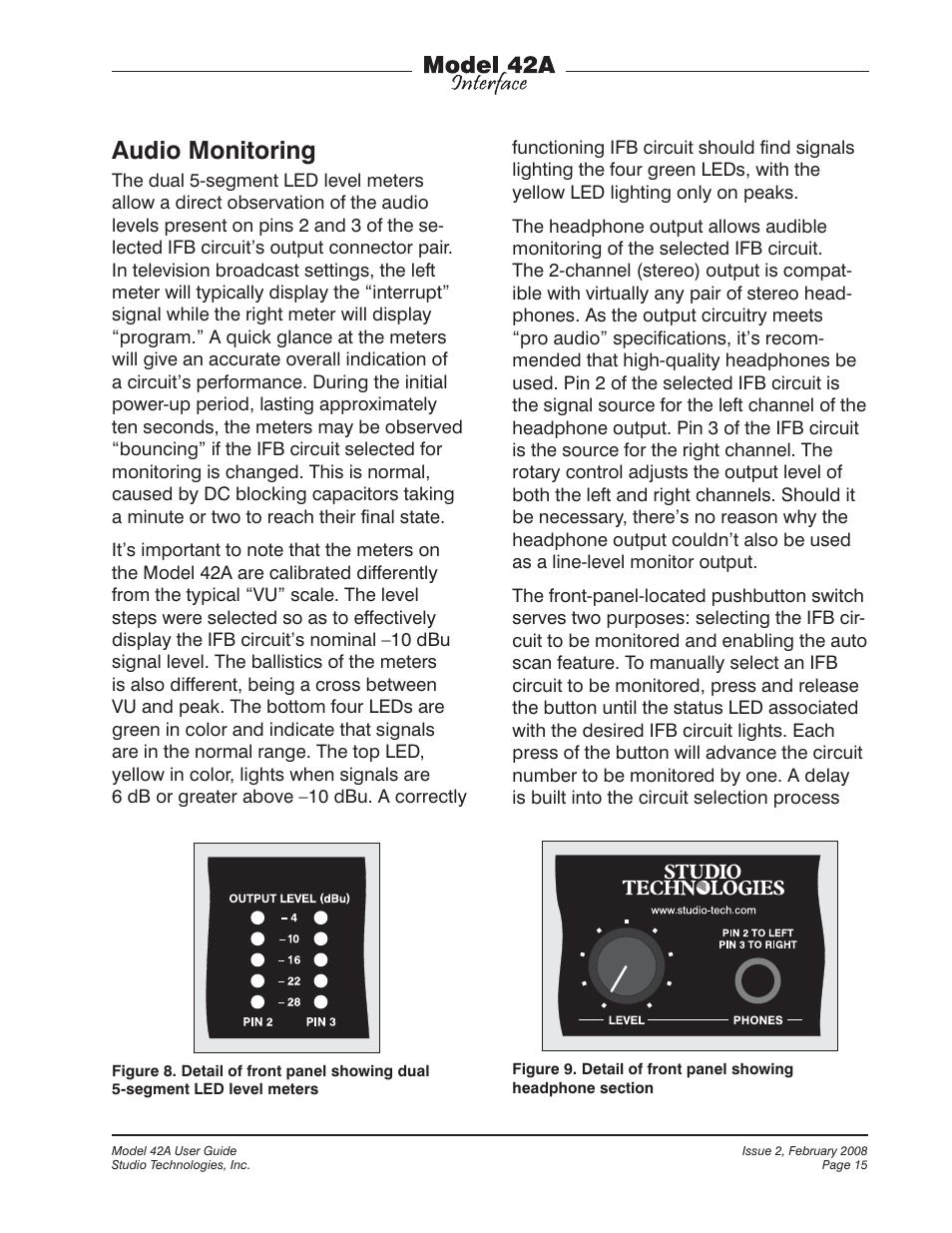 Audio monitoring | Studio Technologies 42A 2008 User Manual | Page 15 / 25