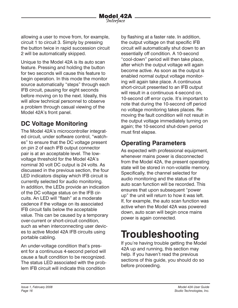 Troubleshooting, Dc voltage monitoring, Operating parameters | Studio Technologies 42A 2008 User Manual | Page 16 / 25