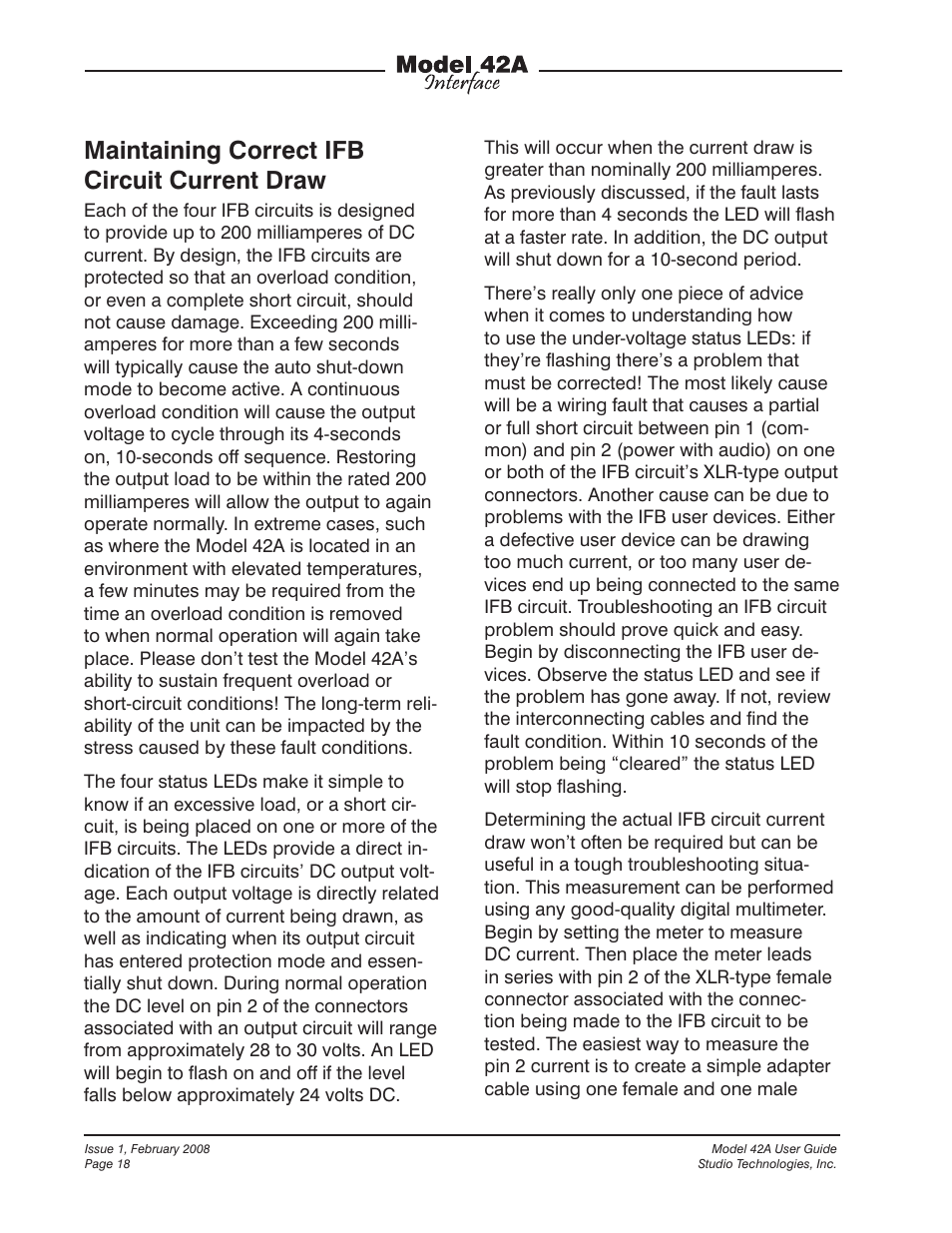Maintaining correct ifb circuit current draw | Studio Technologies 42A 2008 User Manual | Page 18 / 25