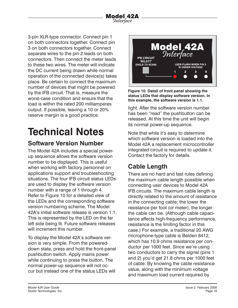 Technical notes, Software version number, Cable length | Studio Technologies 42A 2008 User Manual | Page 19 / 25