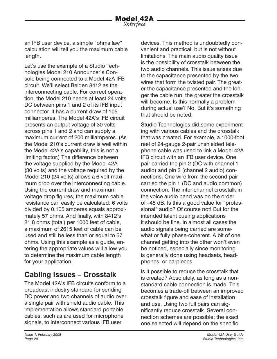 Cabling issues – crosstalk | Studio Technologies 42A 2008 User Manual | Page 20 / 25
