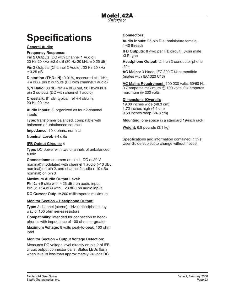 Specifications | Studio Technologies 42A 2008 User Manual | Page 23 / 25