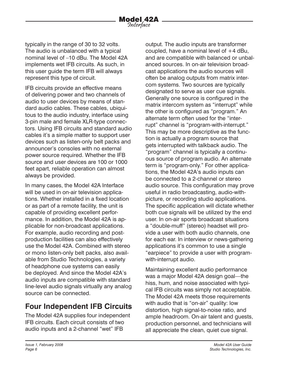 Four independent ifb circuits | Studio Technologies 42A 2008 User Manual | Page 6 / 25